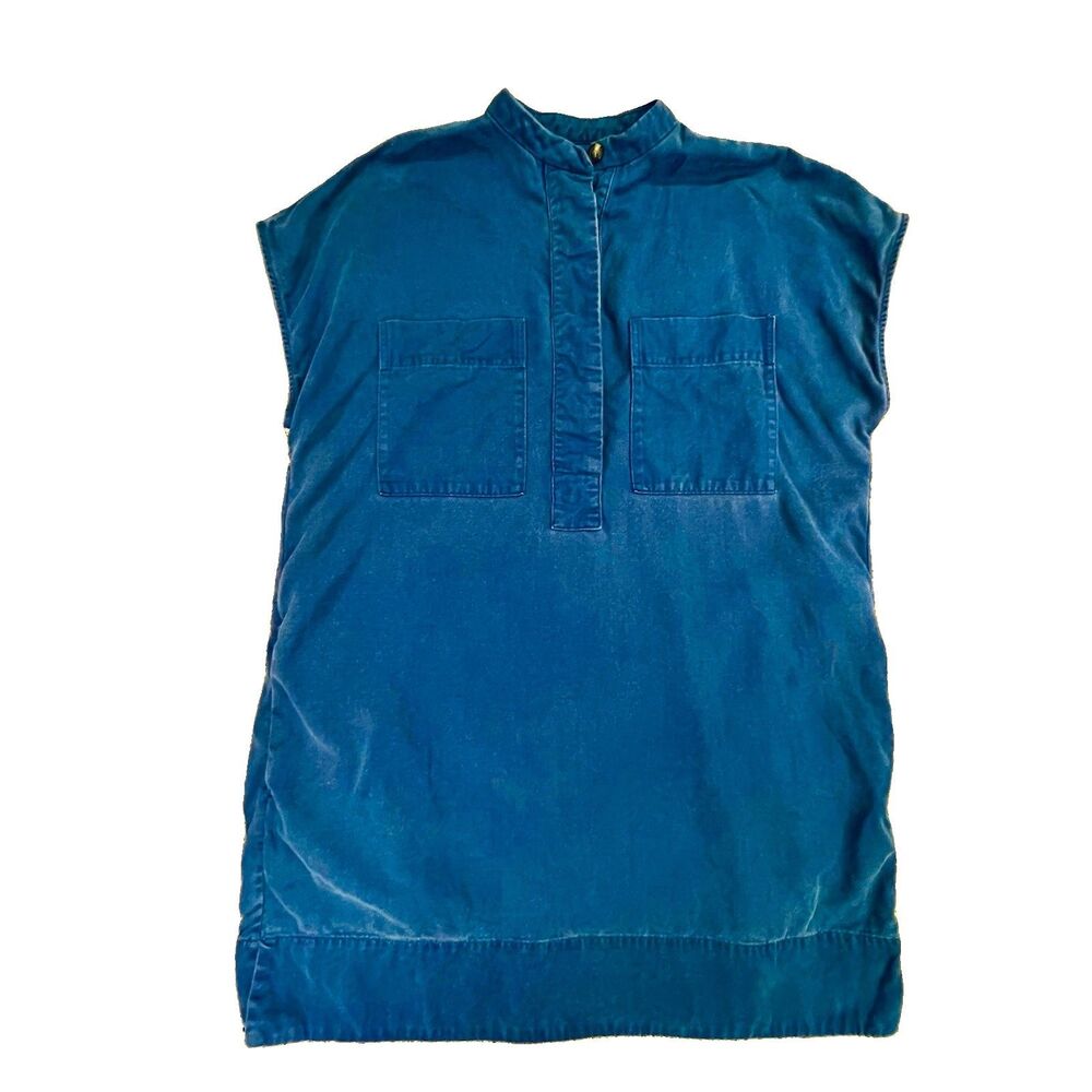 EVERLANE Tencel Easy Workwear Shift Dress Pull Over 3/4 Button Pockets XL Blue